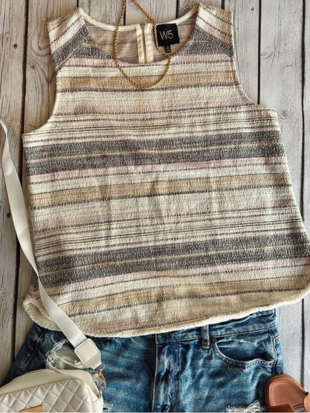 W5 Striped Sleeveless Knit Tank in Cream, Taupe and Light Pink
